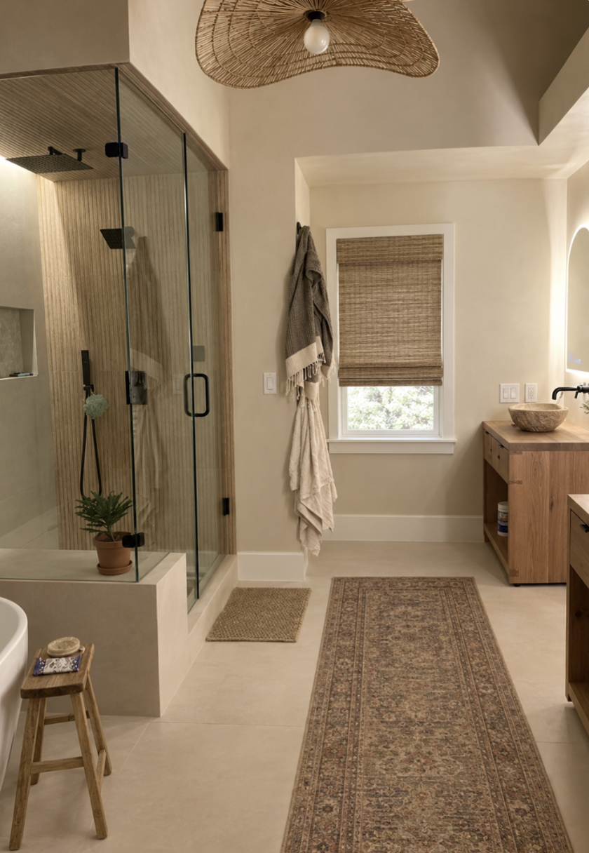 Primary bath with a freestanding tub and glass shower