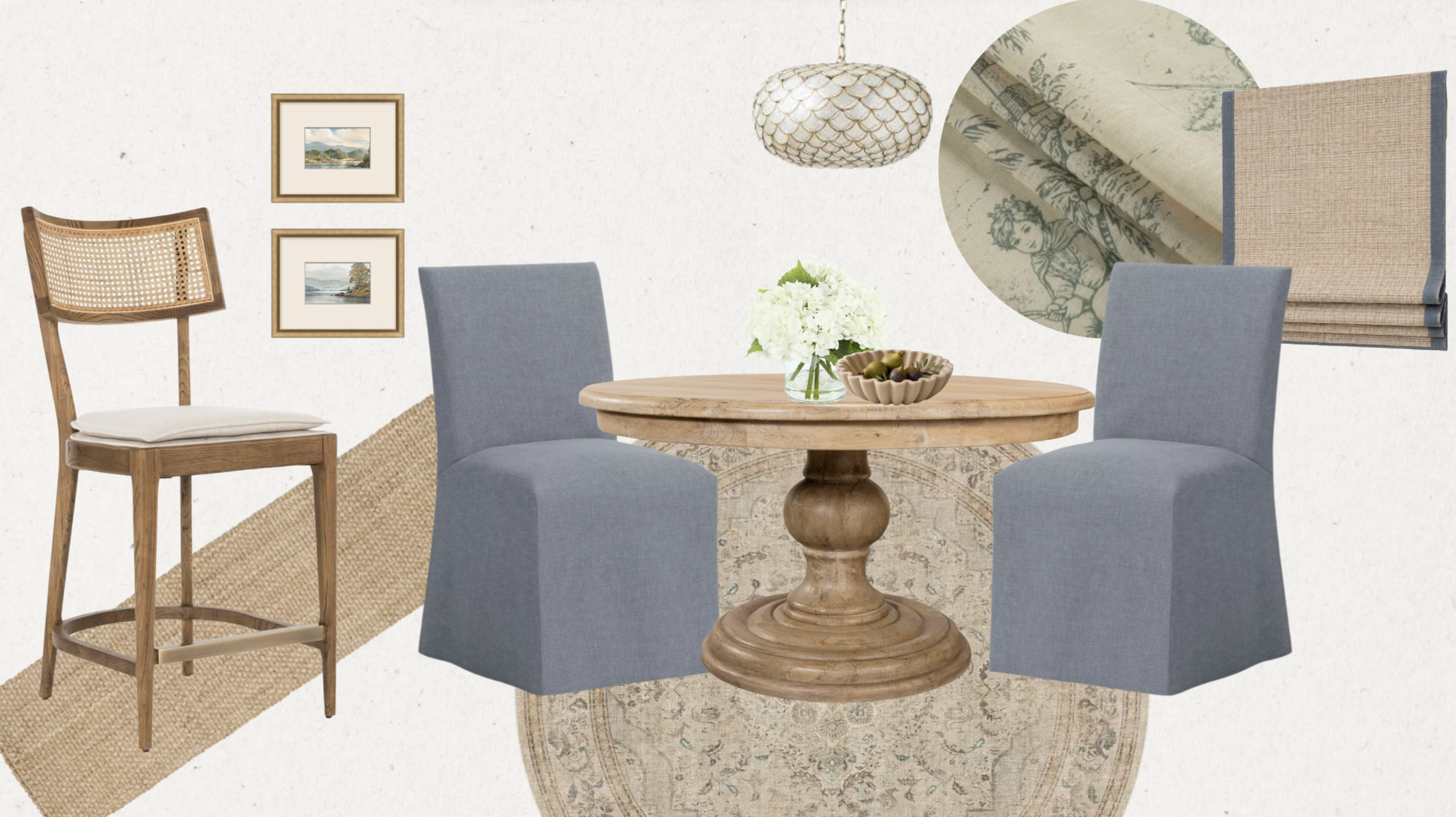 Concept for the kitchen dining area with toile drapery and a woven pendant