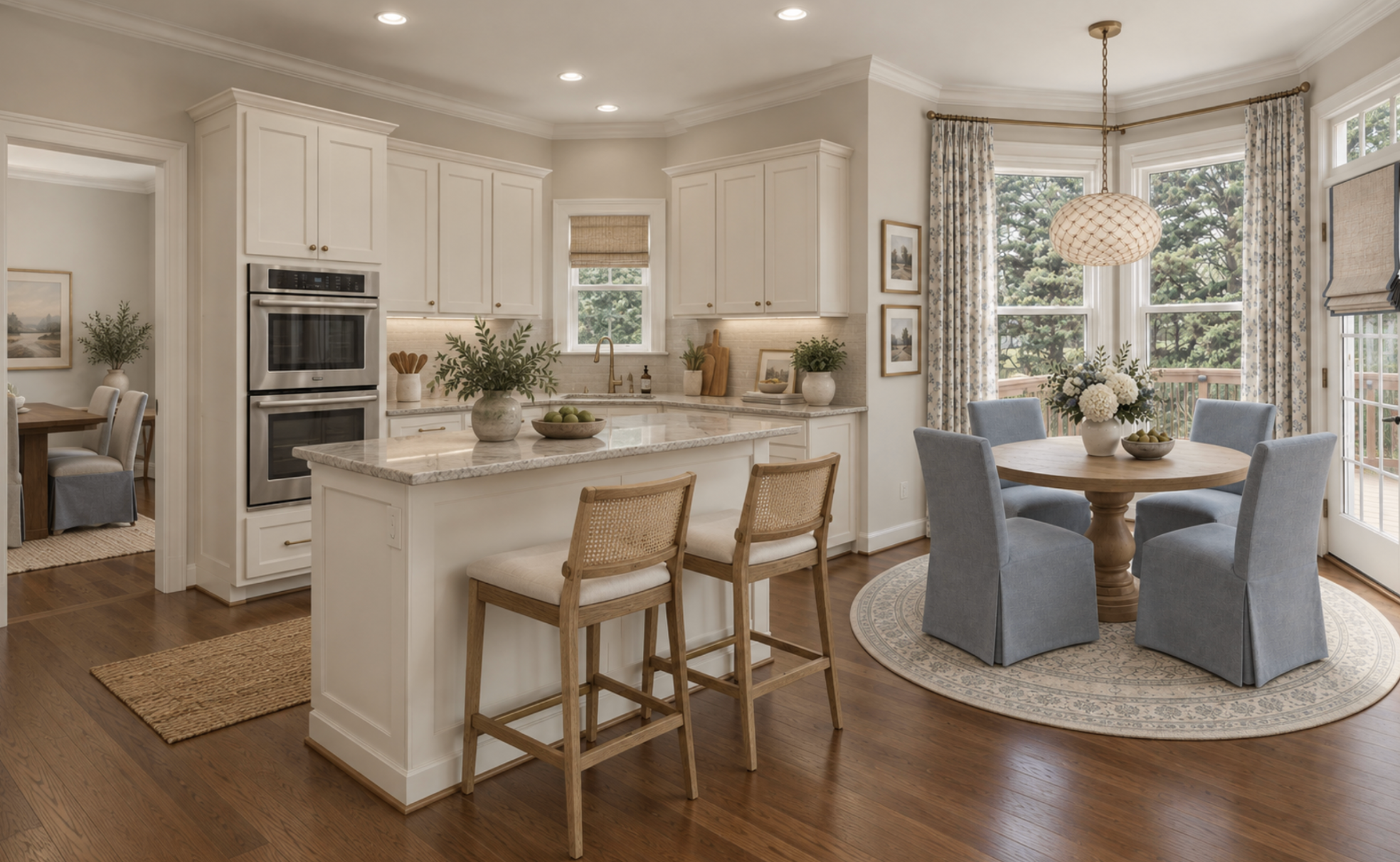 Bright kitchen and dining area with woven barstools and blue slipcovered chairs