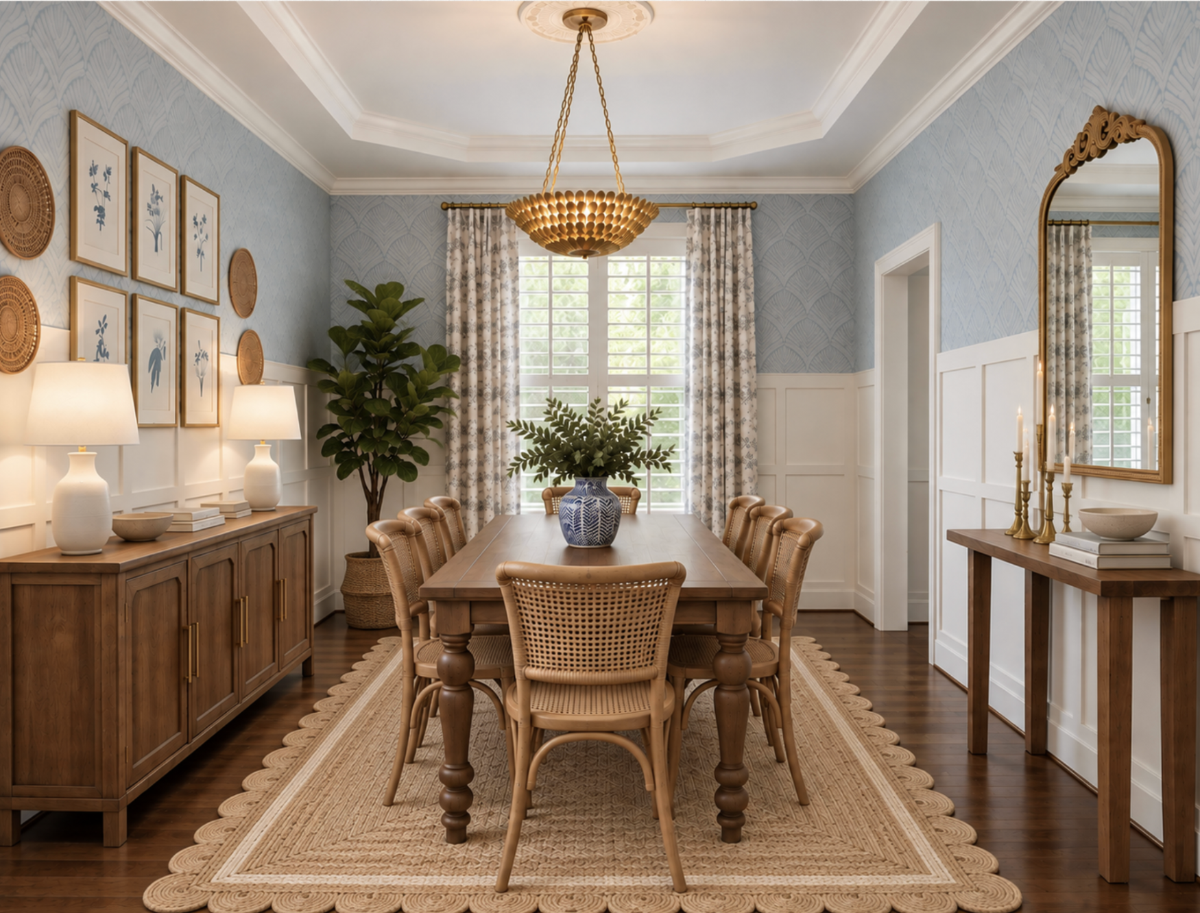Collected blue dining room with cane-back chairs and a farmhouse table