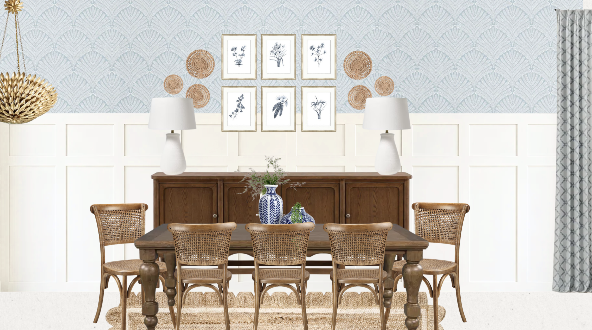 Collected blue dining room concept with fan-leaf wallpaper and a scalloped jute rug