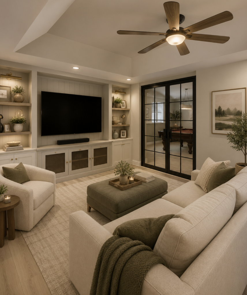 Finished basement lounge with a wet bar