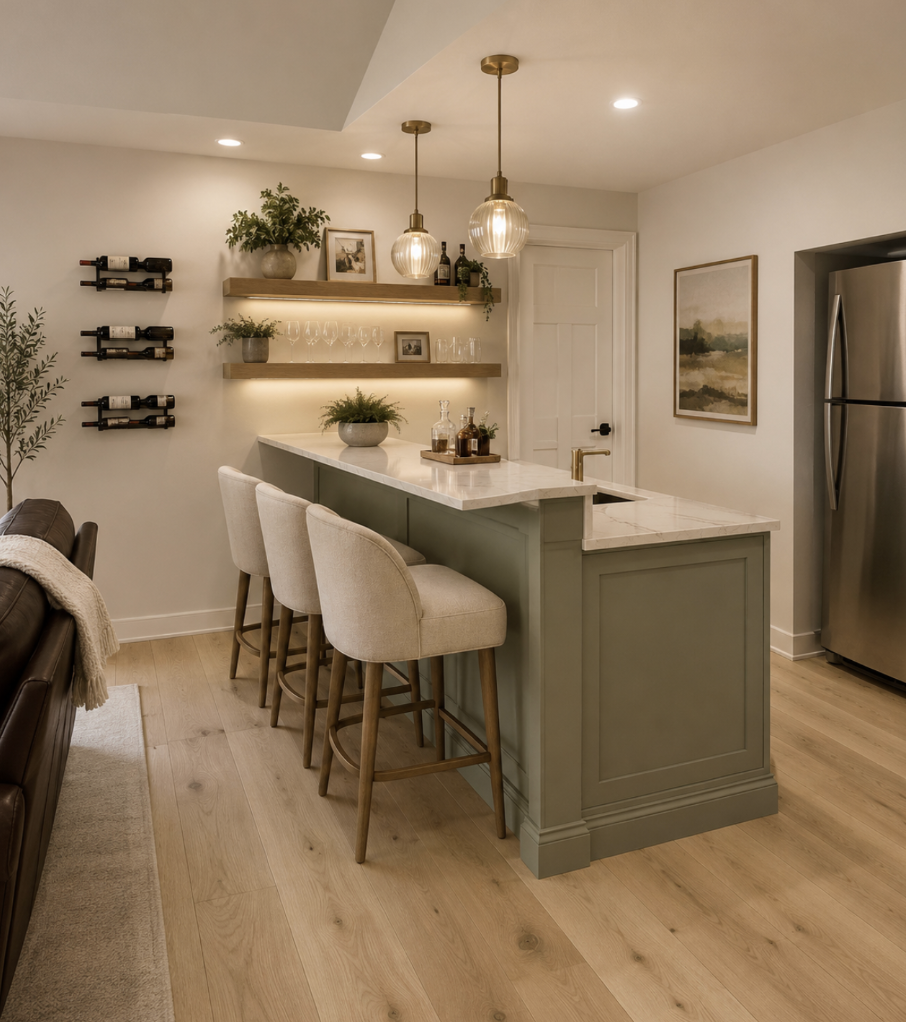 Basement wet bar with sage cabinetry and upholstered stools
