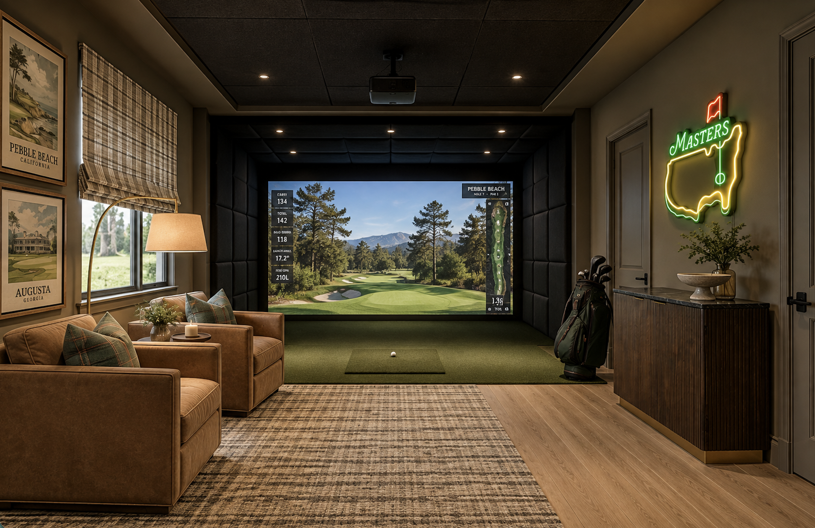 Basement golf simulator room